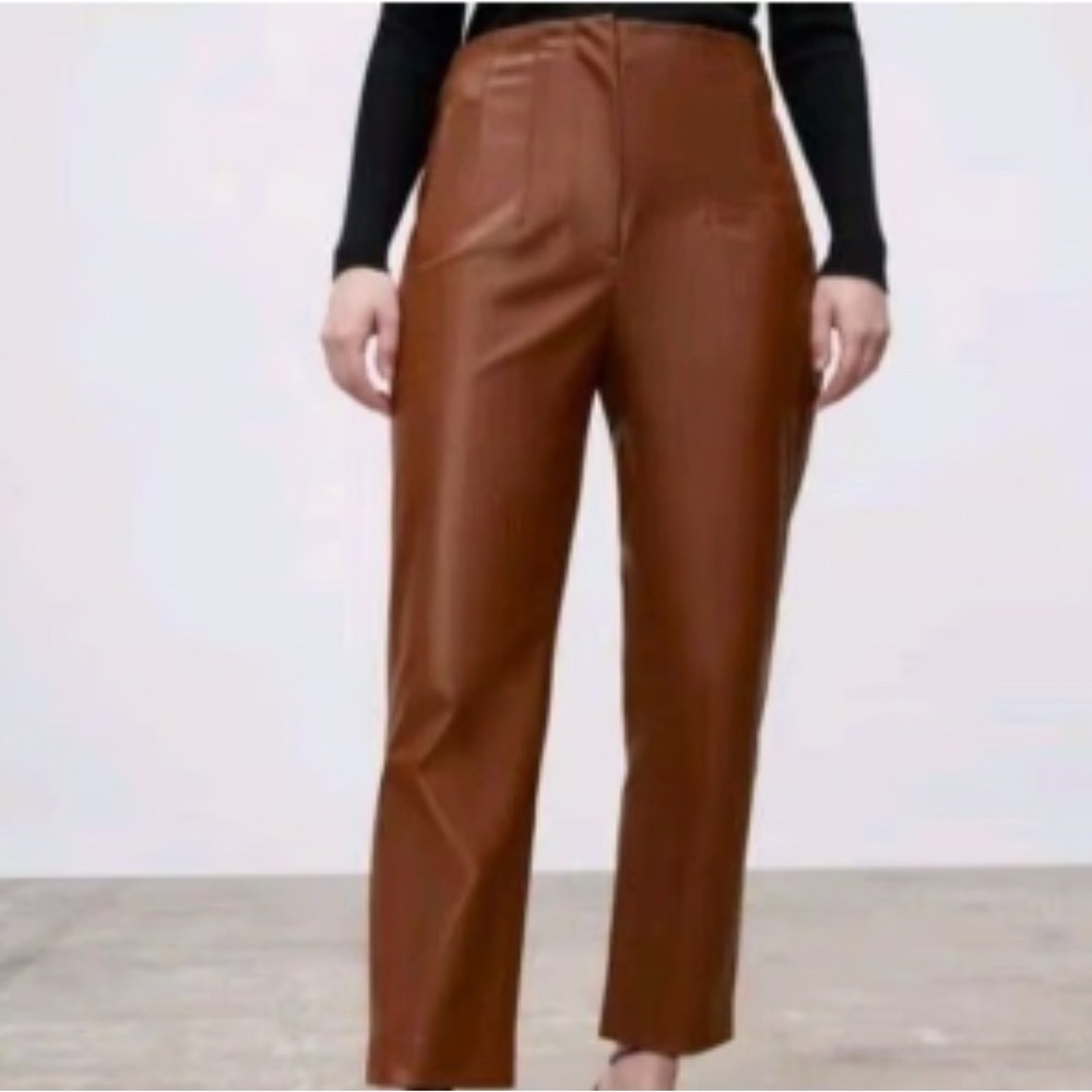 Zara Brown Vegan Leather Pleated High-Waisted Pants